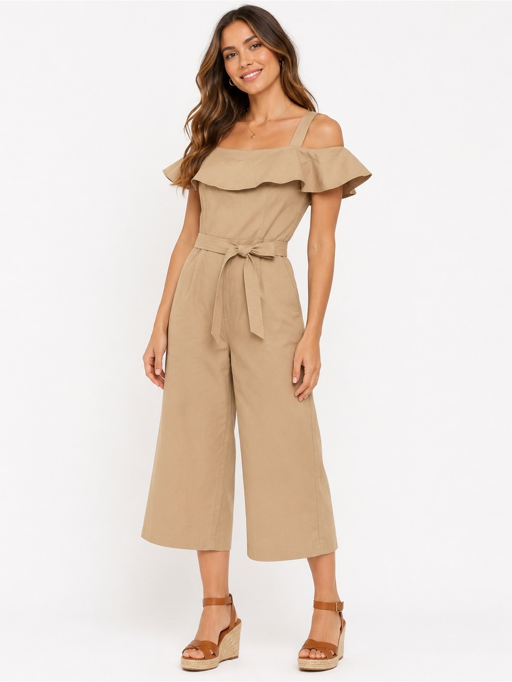Banana Republic Khaki Ruffle Wide Leg Cropped Jumpsuit Size 10 Preppy Resort